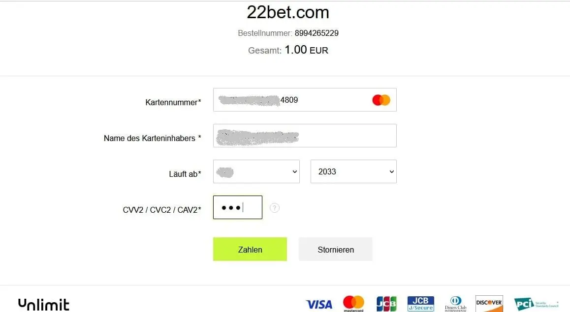 22Bet Casino fühlen Karte Details